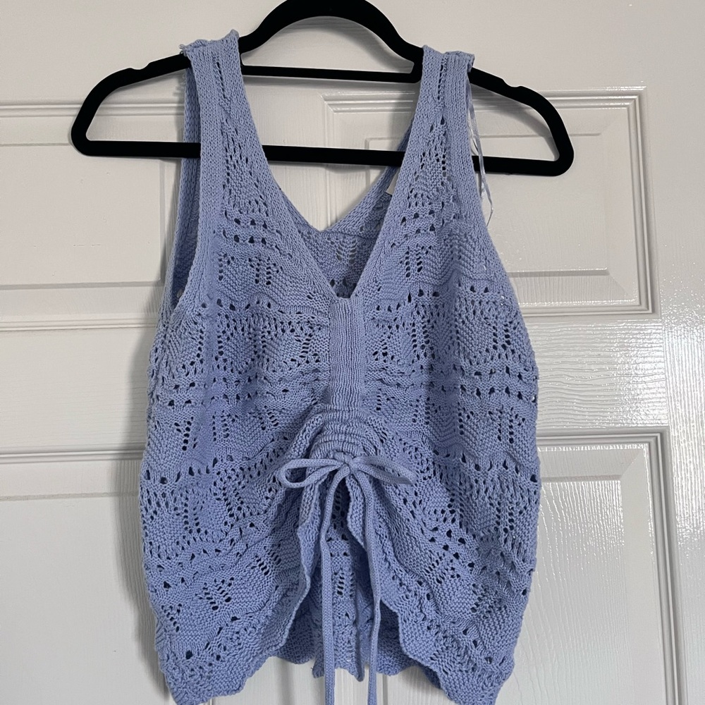 Jessica Simpson crochet periwinkle tank top with drawstring detail